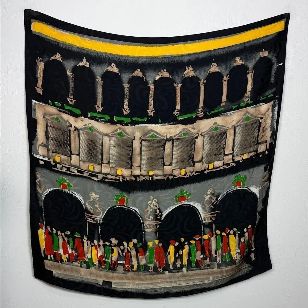 Opera House Print Hand Rolled Silk Square Scarf Black Multicolor 34”